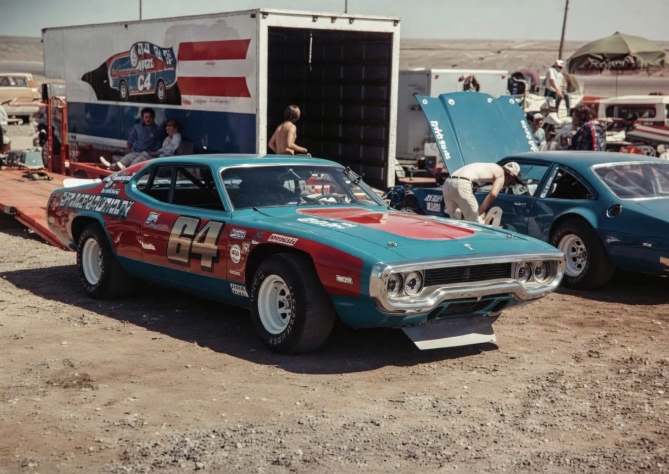 Vintage number 64 race car at Tri-Cities area track, 1970s
